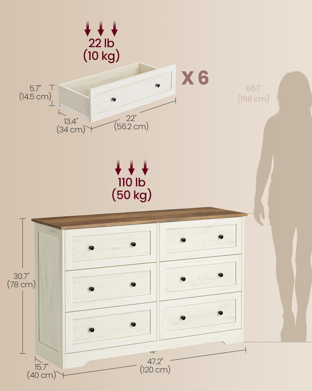 VASAGLE 6-Drawer Dresser, Engineered Wood Chest of Drawers, Large Capacity Storage Cabinet, 47.2 x 15.7 x 30.7 in, Cloud White and Warm Brown, for Bedroom, Living Room, Siren Collection ULTS663WJ02S 