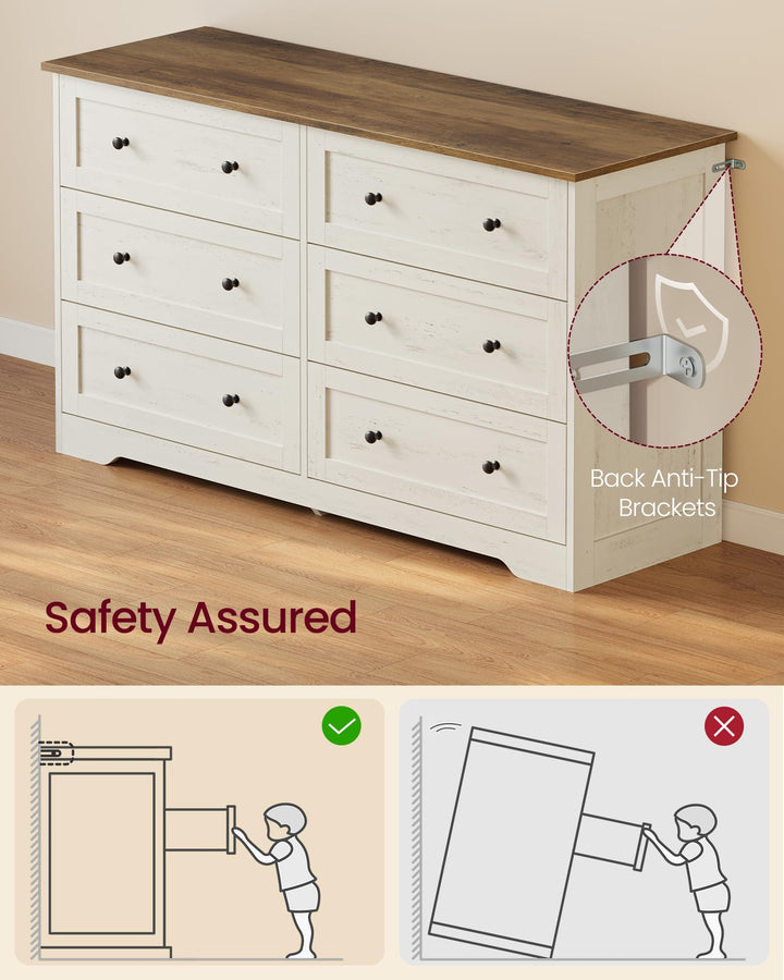 VASAGLE 6-Drawer Dresser, Engineered Wood Chest of Drawers, Large Capacity Storage Cabinet, 47.2 x 15.7 x 30.7 in, Cloud White and Warm Brown, for Bedroom, Living Room, Siren Collection ULTS663WJ02S 