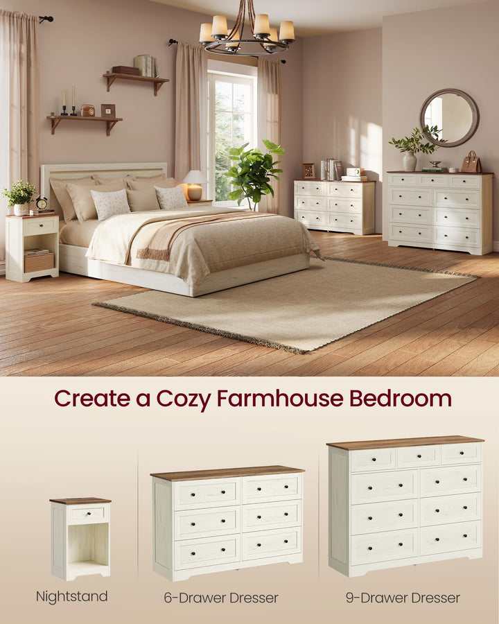 VASAGLE 6-Drawer Dresser, Engineered Wood Chest of Drawers, Large Capacity Storage Cabinet, 47.2 x 15.7 x 30.7 in, Cloud White and Warm Brown, for Bedroom, Living Room, Siren Collection ULTS663WJ02S 