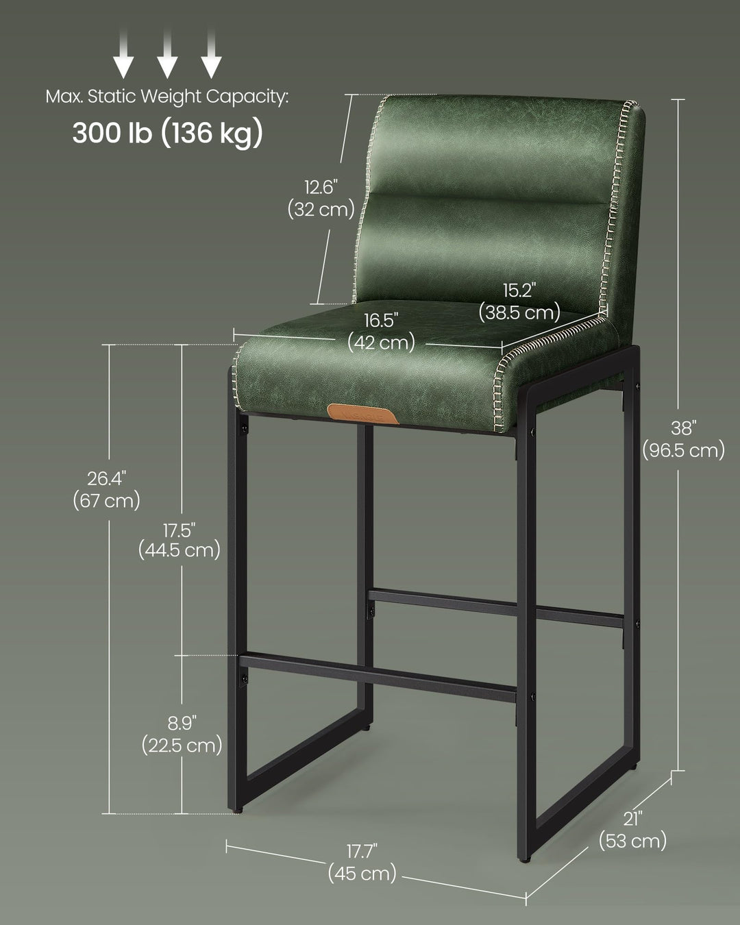 VASAGLE Bar Stools Set of 2, Counter Height Chairs with Backs, 26.4-Inch 