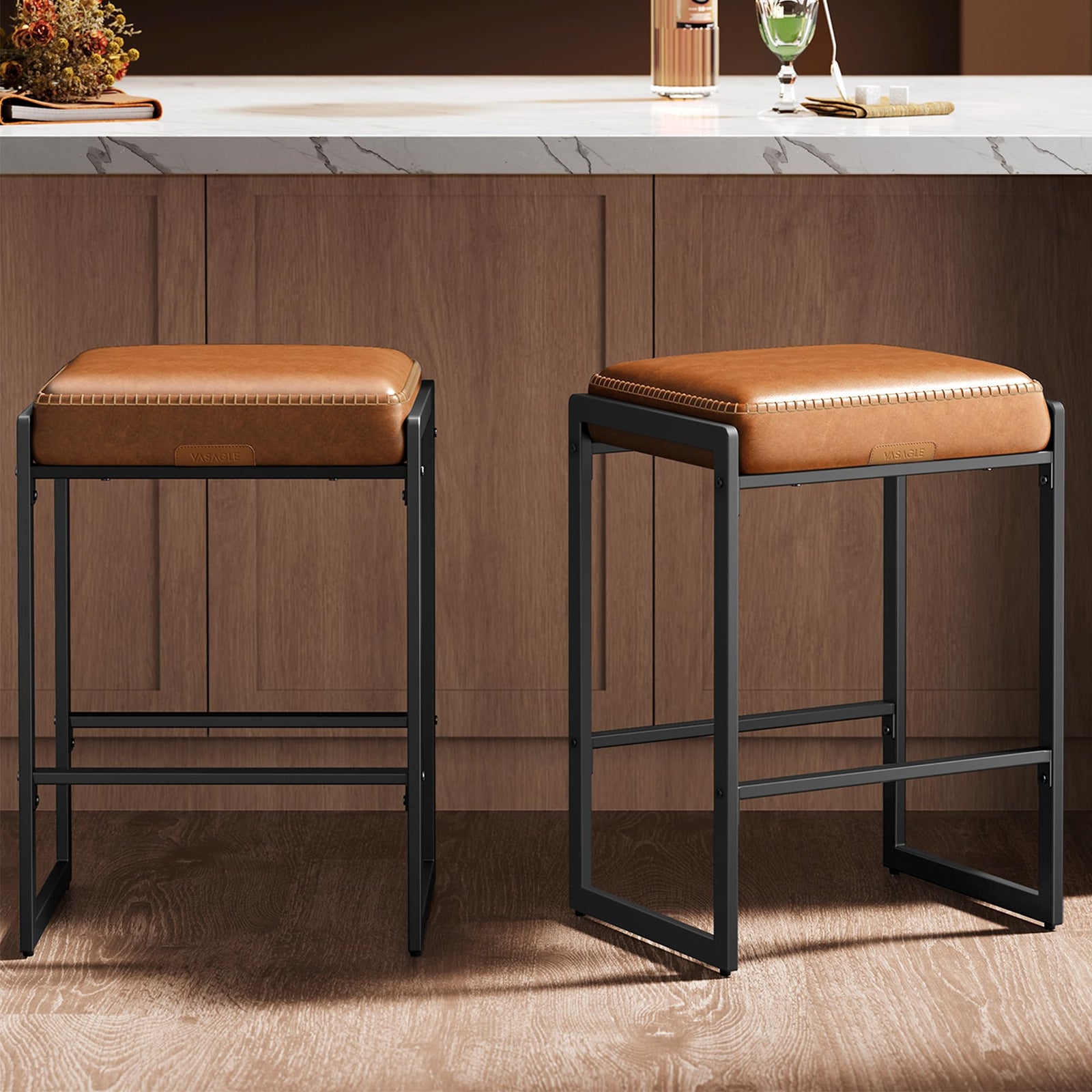 VASAGLE Bar Stools Set of 2, Counter Height, PU Leather, 26-Inch 