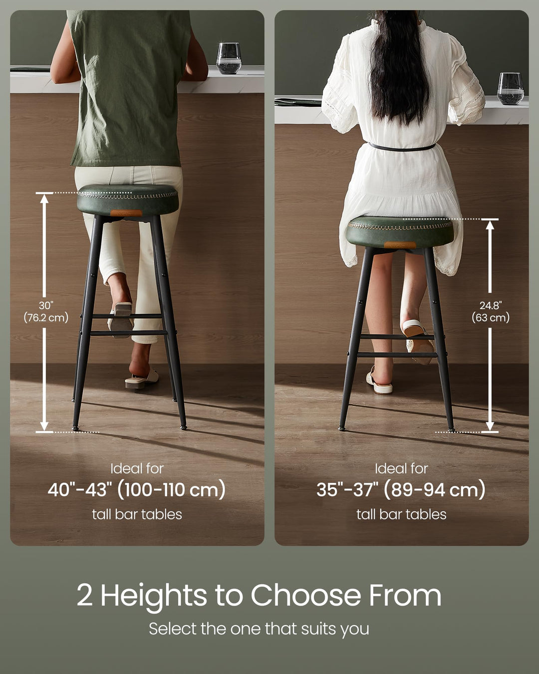 VASAGLE Bar Stools Set of 2, Kitchen Counter Stools, 24.8-Inch Tall 
