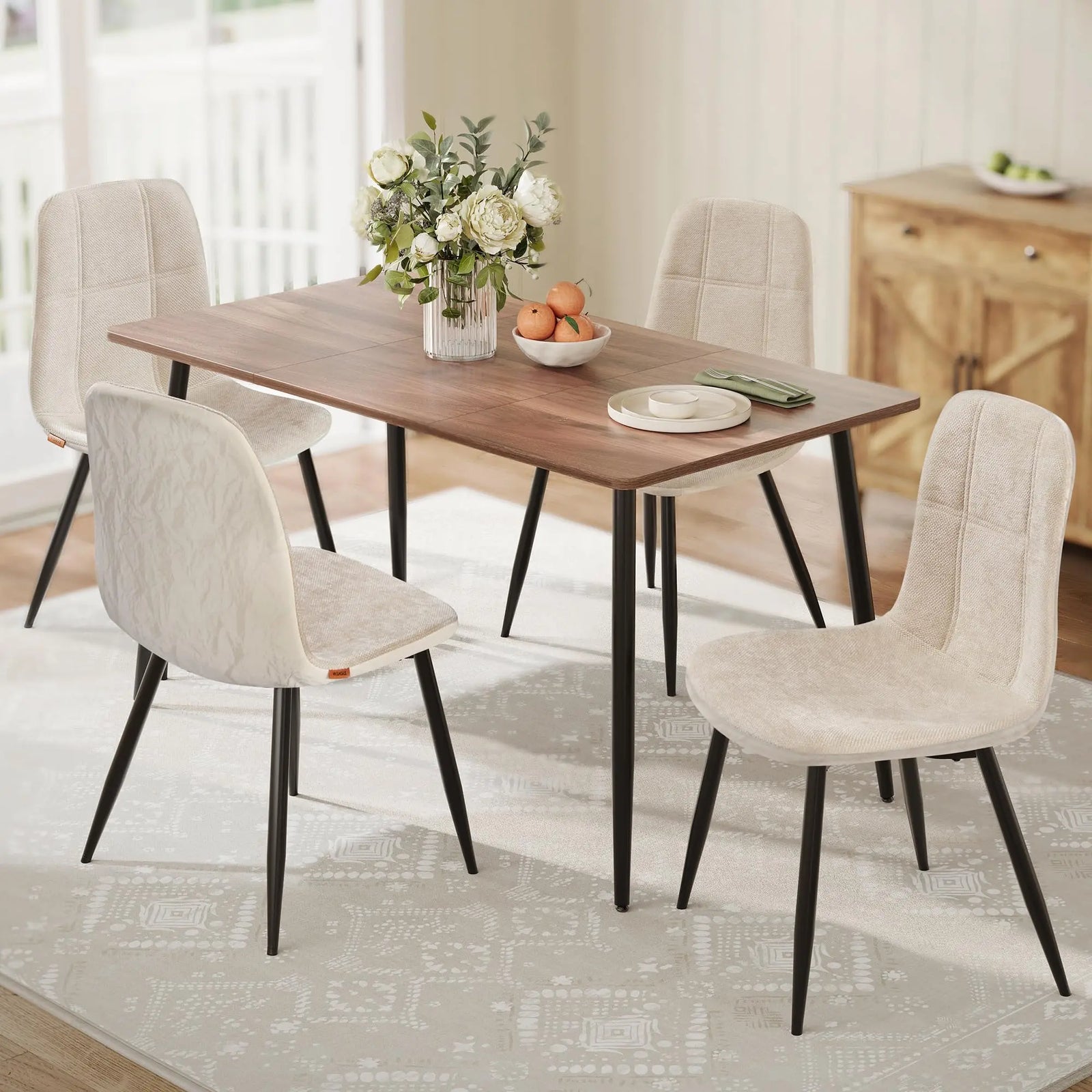 VASAGLE Dining Chairs, Set of 4 Dining Room Chairs, Metal Frame, Adjustable Feet, Easy to Clean, Chenille Fabric, Glacier-Textured Synthetic Leather, for Kitchen, Cream White UKDC188W01 
