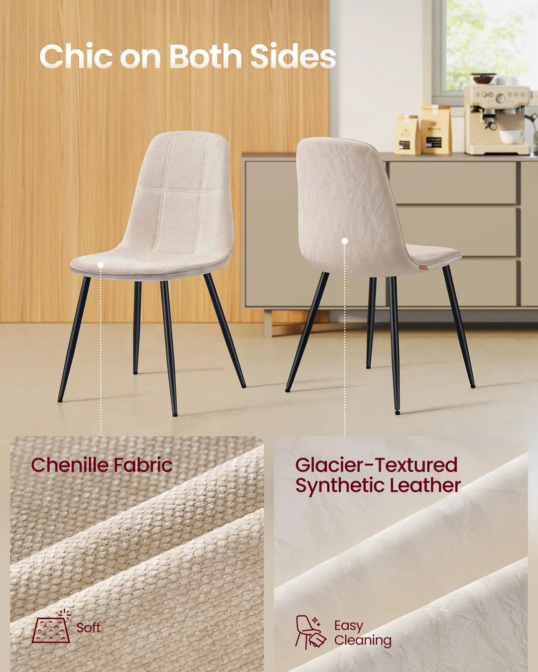 VASAGLE Dining Chairs, Set of 4 Dining Room Chairs, Metal Frame, Adjustable Feet, Easy to Clean, Chenille Fabric, Glacier-Textured Synthetic Leather, for Kitchen, Cream White UKDC188W01 