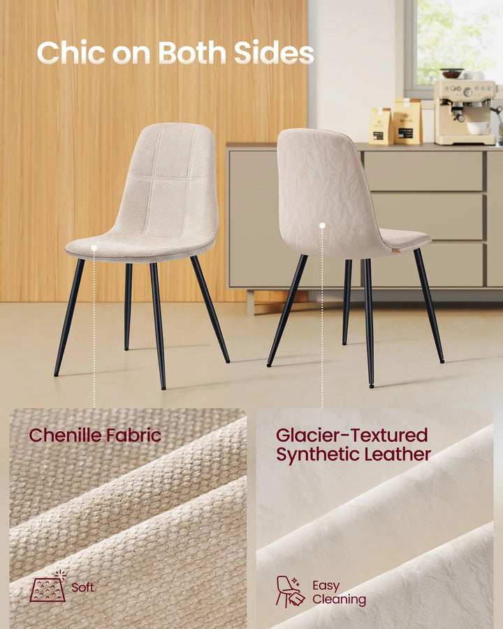 VASAGLE Dining Chairs, Set of 4 Dining Room Chairs, Metal Frame, Adjustable Feet, Easy to Clean, Chenille Fabric, Glacier-Textured Synthetic Leather, for Kitchen, Cream White UKDC188W01 