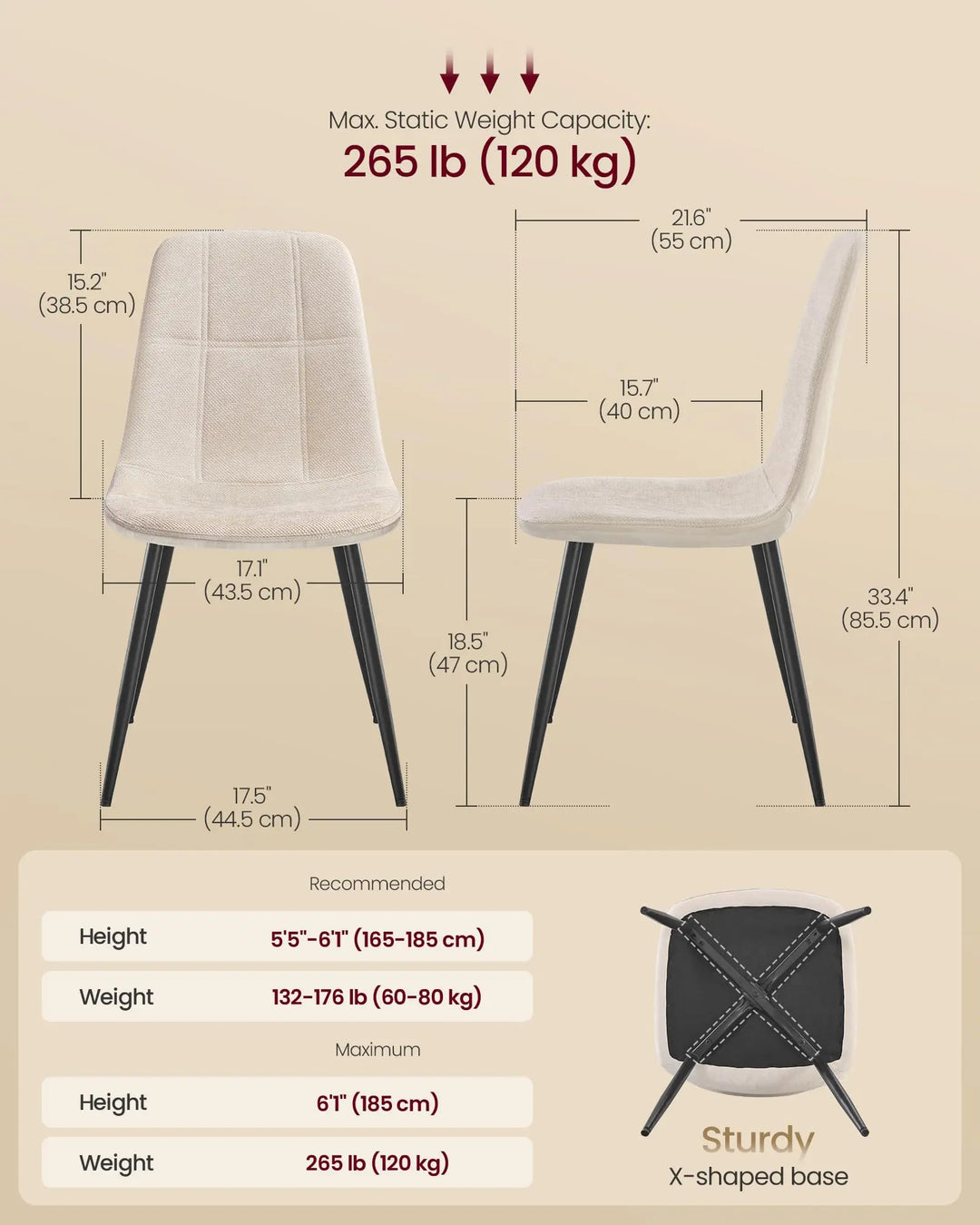 VASAGLE Dining Chairs, Set of 4 Dining Room Chairs, Metal Frame, Adjustable Feet, Easy to Clean, Chenille Fabric, Glacier-Textured Synthetic Leather, for Kitchen, Cream White UKDC188W01 