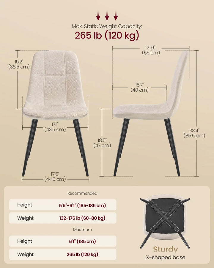 VASAGLE Dining Chairs, Set of 4 Dining Room Chairs, Metal Frame, Adjustable Feet, Easy to Clean, Chenille Fabric, Glacier-Textured Synthetic Leather, for Kitchen, Cream White UKDC188W01 
