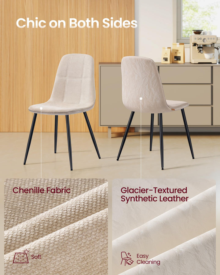 VASAGLE Dining Chairs, Set of 4 Dining Room Chairs, Metal Frame, Adjustable Feet, Easy to Clean, Chenille Fabric, Glacier-Textured Synthetic Leather, for Kitchen, Cream White UKDC188W01 