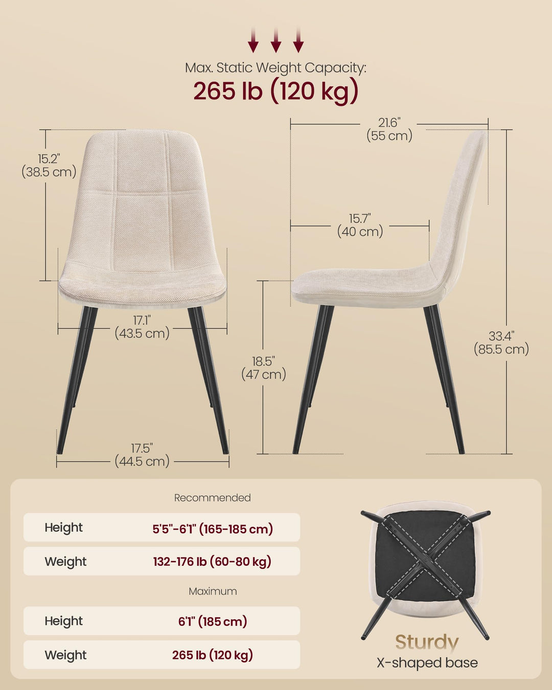 VASAGLE Dining Chairs, Set of 4 Dining Room Chairs, Metal Frame, Adjustable Feet, Easy to Clean, Chenille Fabric, Glacier-Textured Synthetic Leather, for Kitchen, Cream White UKDC188W01 