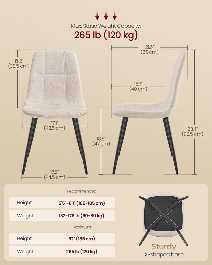 VASAGLE Dining Chairs, Set of 4 Dining Room Chairs, Metal Frame, Adjustable Feet, Easy to Clean, Chenille Fabric, Glacier-Textured Synthetic Leather, for Kitchen, Cream White UKDC188W01 