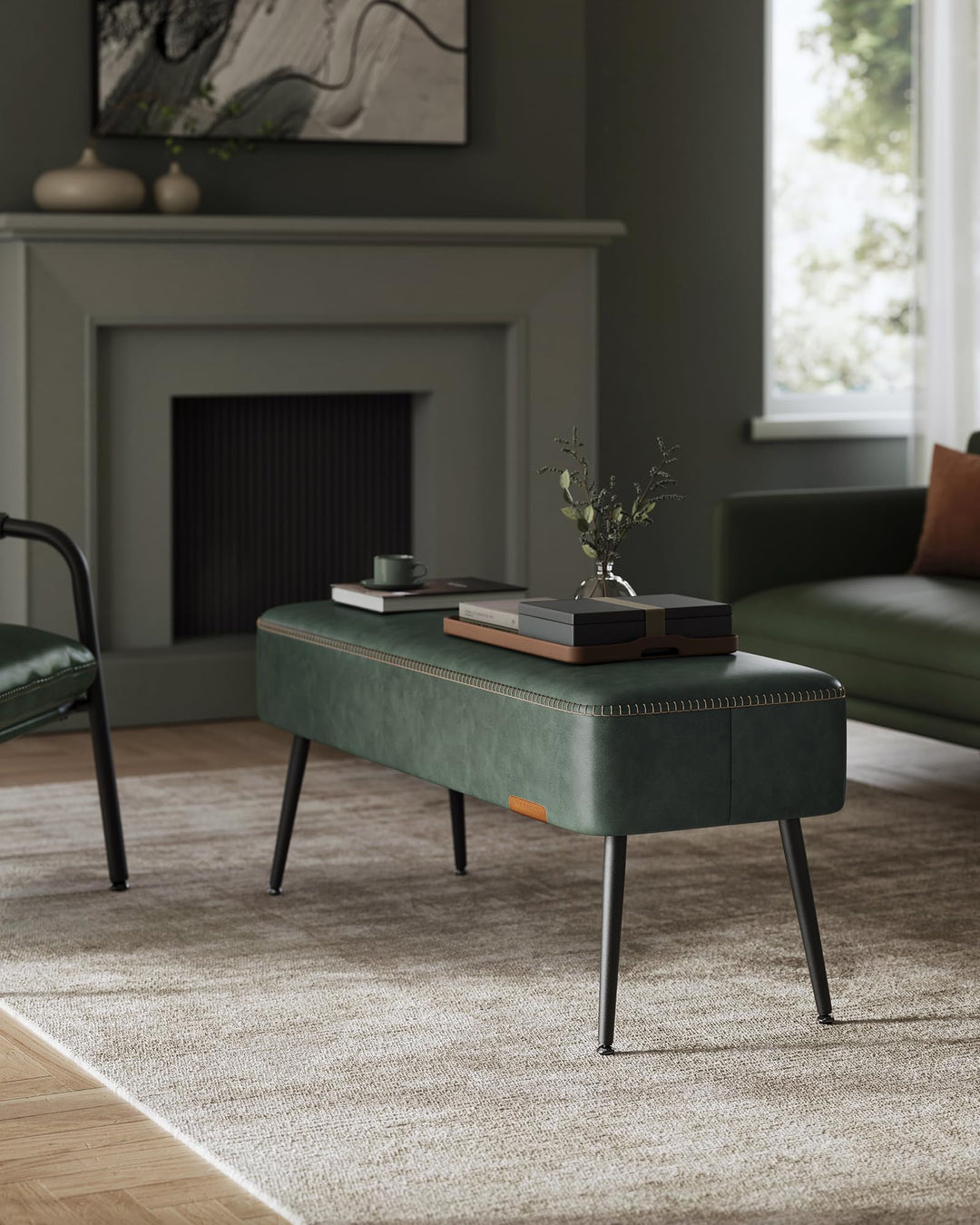 VASAGLE EKHO Collection - Bench for Entryway Bedroom, Synthetic Leather with Stitching, Ottoman Bench with Steel Legs, Living Room, Mid-Century Modern, Loads 660 lb, Forest Green ULOM076C01 