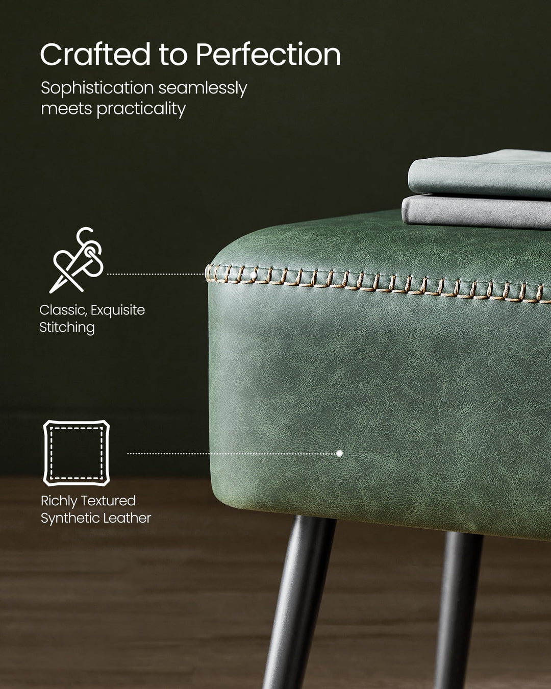 VASAGLE EKHO Collection - Bench for Entryway Bedroom, Synthetic Leather with Stitching, Ottoman Bench with Steel Legs, Living Room, Mid-Century Modern, Loads 660 lb, Forest Green ULOM076C01 
