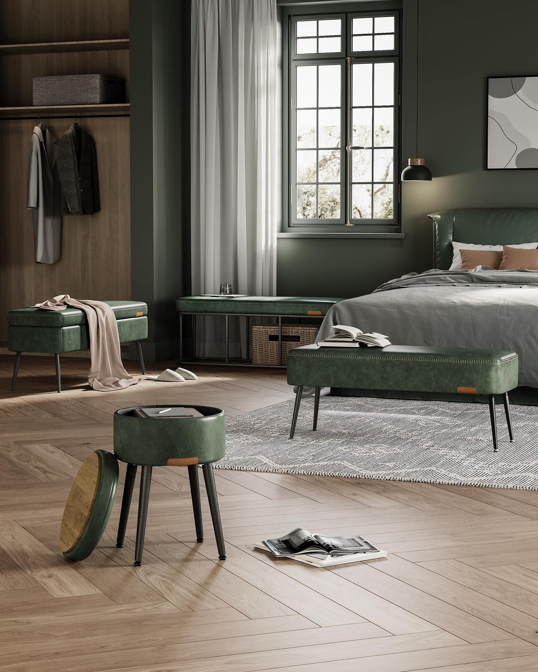 VASAGLE EKHO Collection - Bench for Entryway Bedroom, Synthetic Leather with Stitching, Ottoman Bench with Steel Legs, Living Room, Mid-Century Modern, Loads 660 lb, Forest Green ULOM076C01 