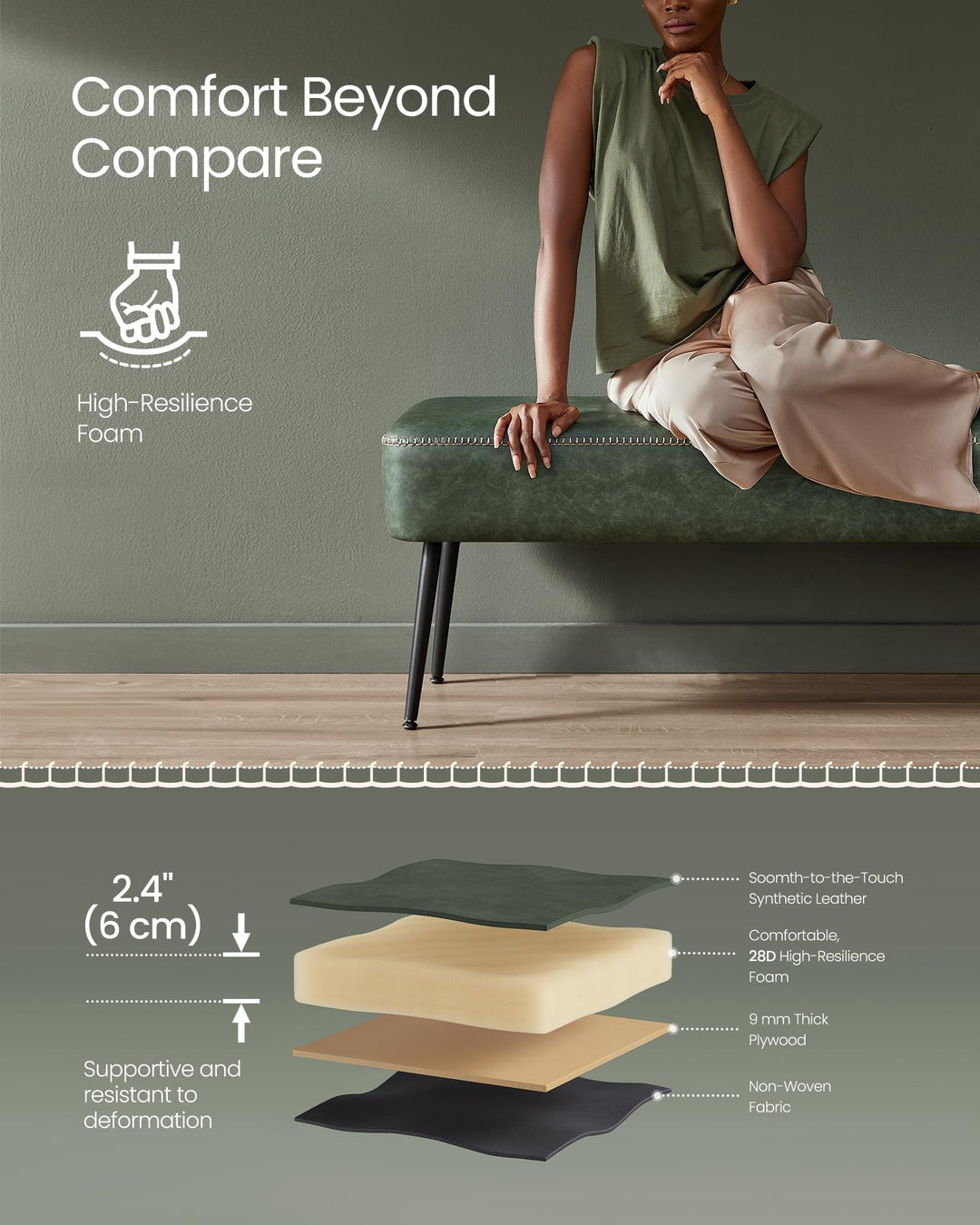 VASAGLE EKHO Collection - Bench for Entryway Bedroom, Synthetic Leather with Stitching, Ottoman Bench with Steel Legs, Living Room, Mid-Century Modern, Loads 660 lb, Forest Green ULOM076C01 