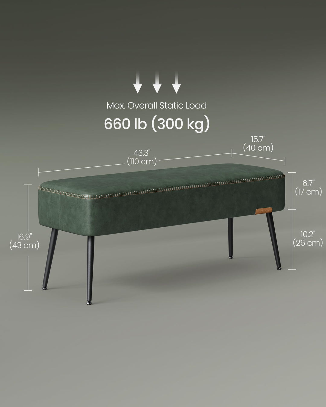 VASAGLE EKHO Collection - Bench for Entryway Bedroom, Synthetic Leather with Stitching, Ottoman Bench with Steel Legs, Living Room, Mid-Century Modern, Loads 660 lb, Forest Green ULOM076C01 