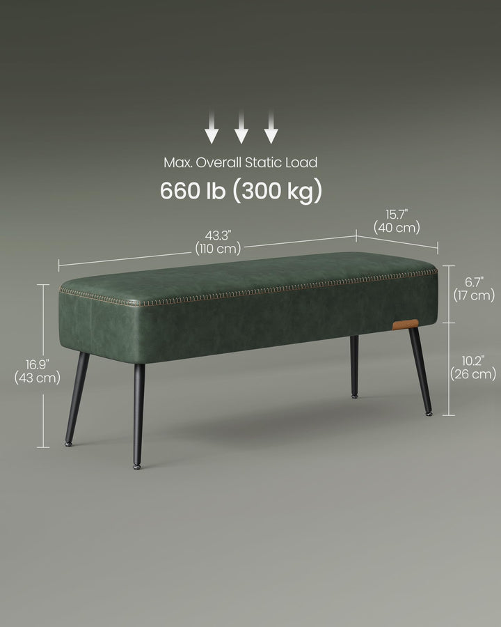 VASAGLE EKHO Collection - Bench for Entryway Bedroom, Synthetic Leather with Stitching, Ottoman Bench with Steel Legs, Living Room, Mid-Century Modern, Loads 660 lb, Forest Green ULOM076C01 