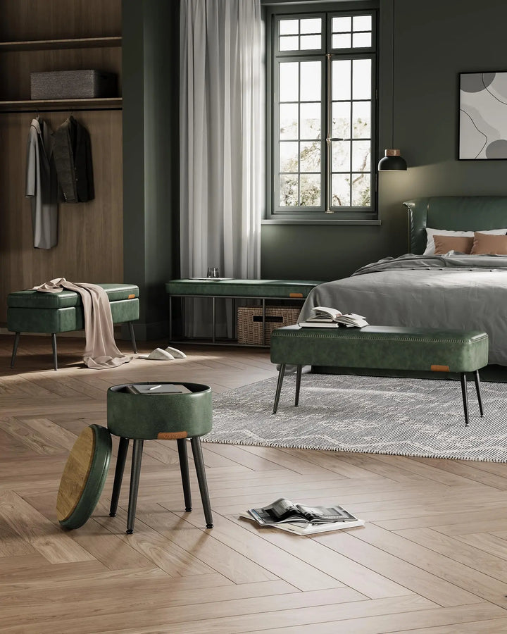 VASAGLE EKHO Collection - Bench for Entryway Bedroom, Synthetic Leather with Stitching, Ottoman Bench with Steel Legs, Living Room, Mid-Century Modern, Loads 660 lb, Forest Green ULOM076C01 