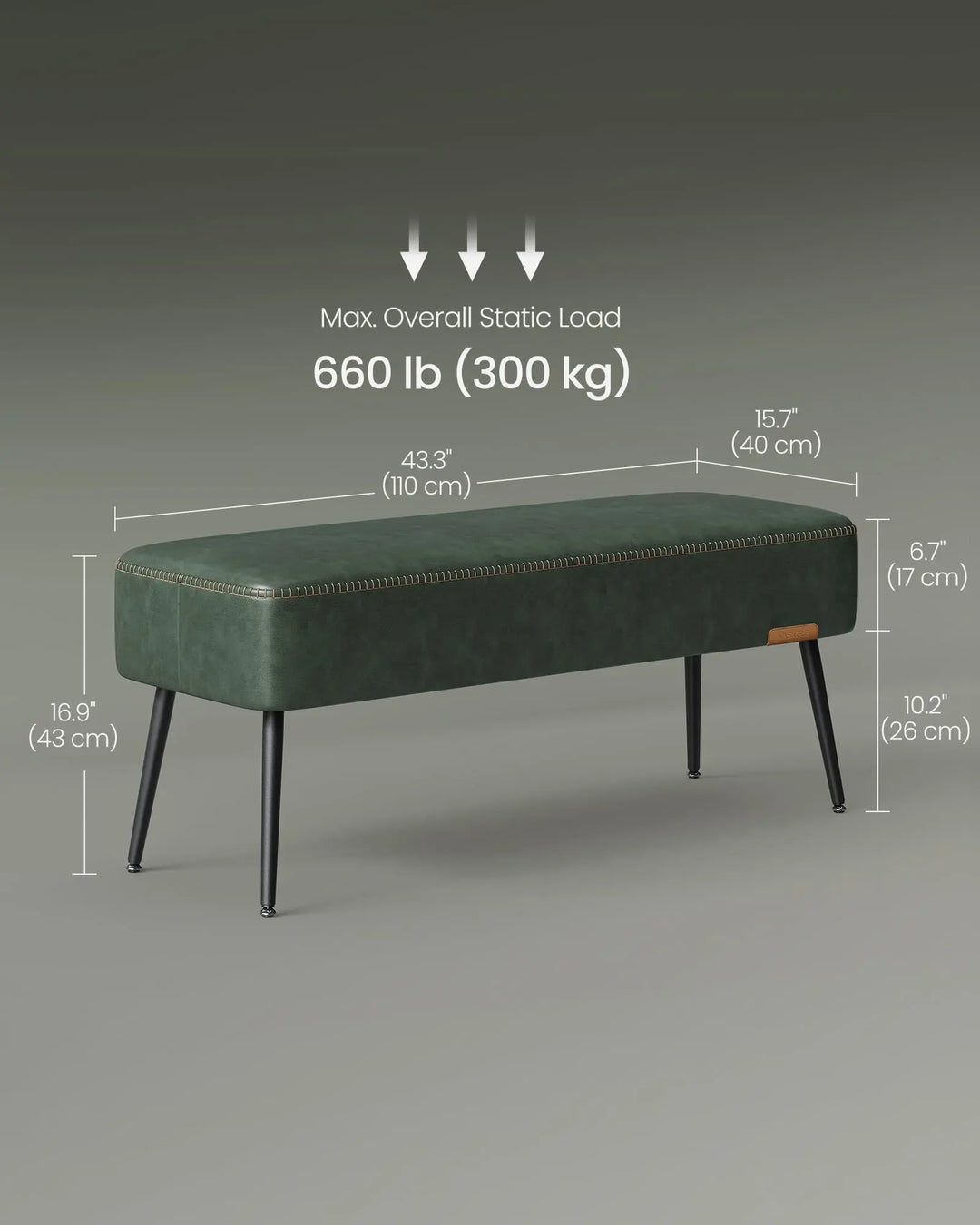 VASAGLE EKHO Collection - Bench for Entryway Bedroom, Synthetic Leather with Stitching, Ottoman Bench with Steel Legs, Living Room, Mid-Century Modern, Loads 660 lb, Forest Green ULOM076C01 