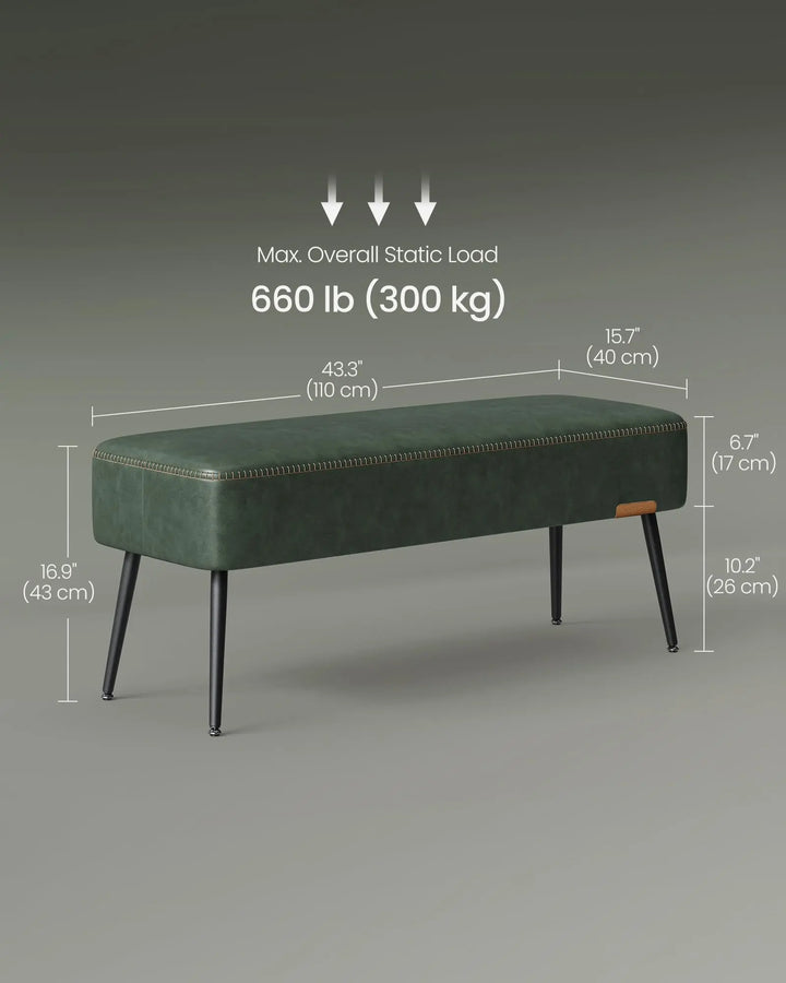 VASAGLE EKHO Collection - Bench for Entryway Bedroom, Synthetic Leather with Stitching, Ottoman Bench with Steel Legs, Living Room, Mid-Century Modern, Loads 660 lb, Forest Green ULOM076C01 