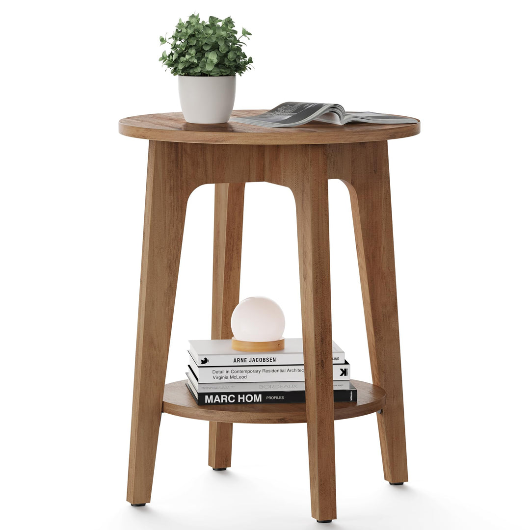 VASAGLE MAEZO Collection - Side Table, 2-Tier Small Round End Table, Nightstand with Tapered Legs, Curved Transitions, for Small Spaces - Honey Brown 