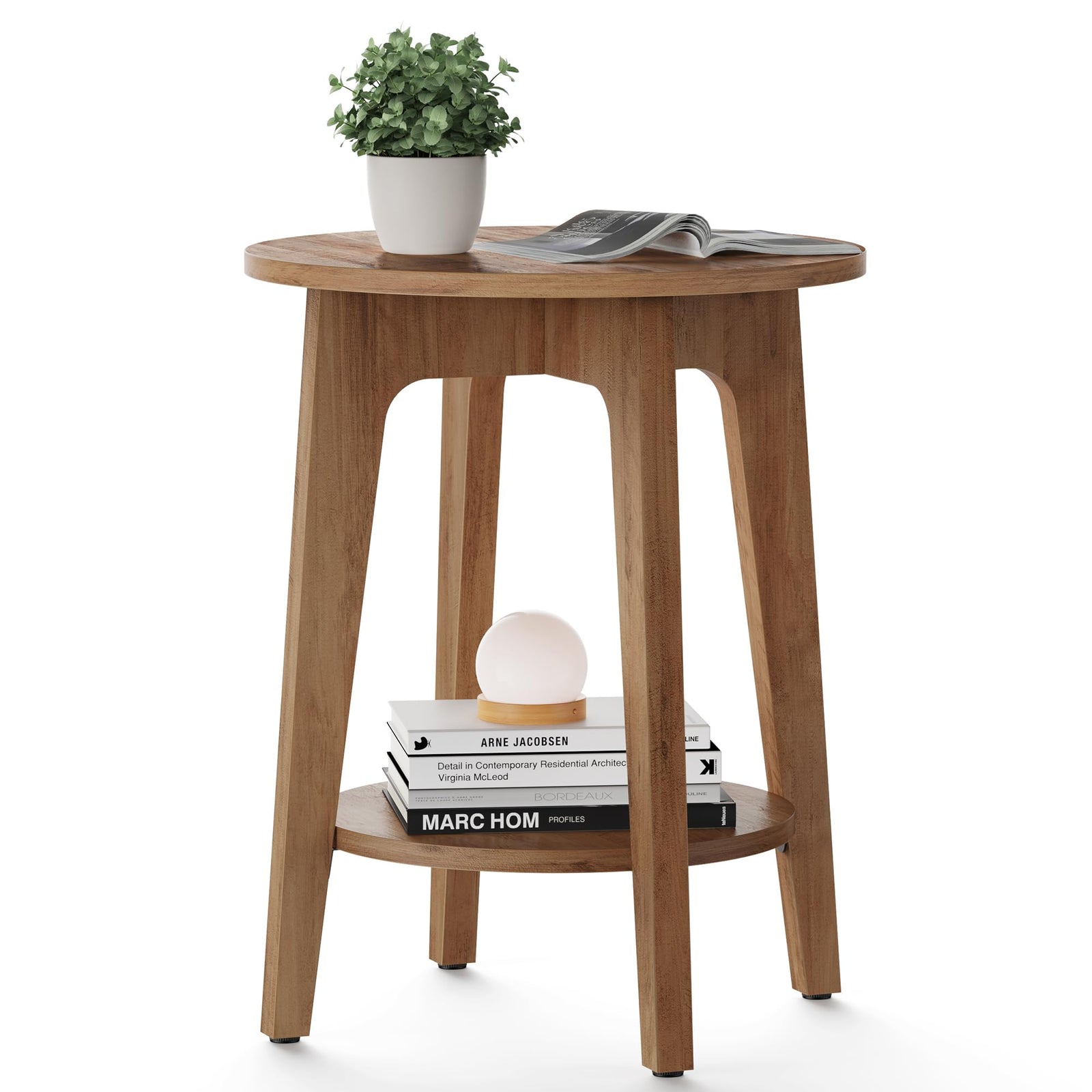 VASAGLE MAEZO Collection - Side Table, 2-Tier Small Round End Table, Nightstand with Tapered Legs, Curved Transitions, for Small Spaces - Honey Brown 