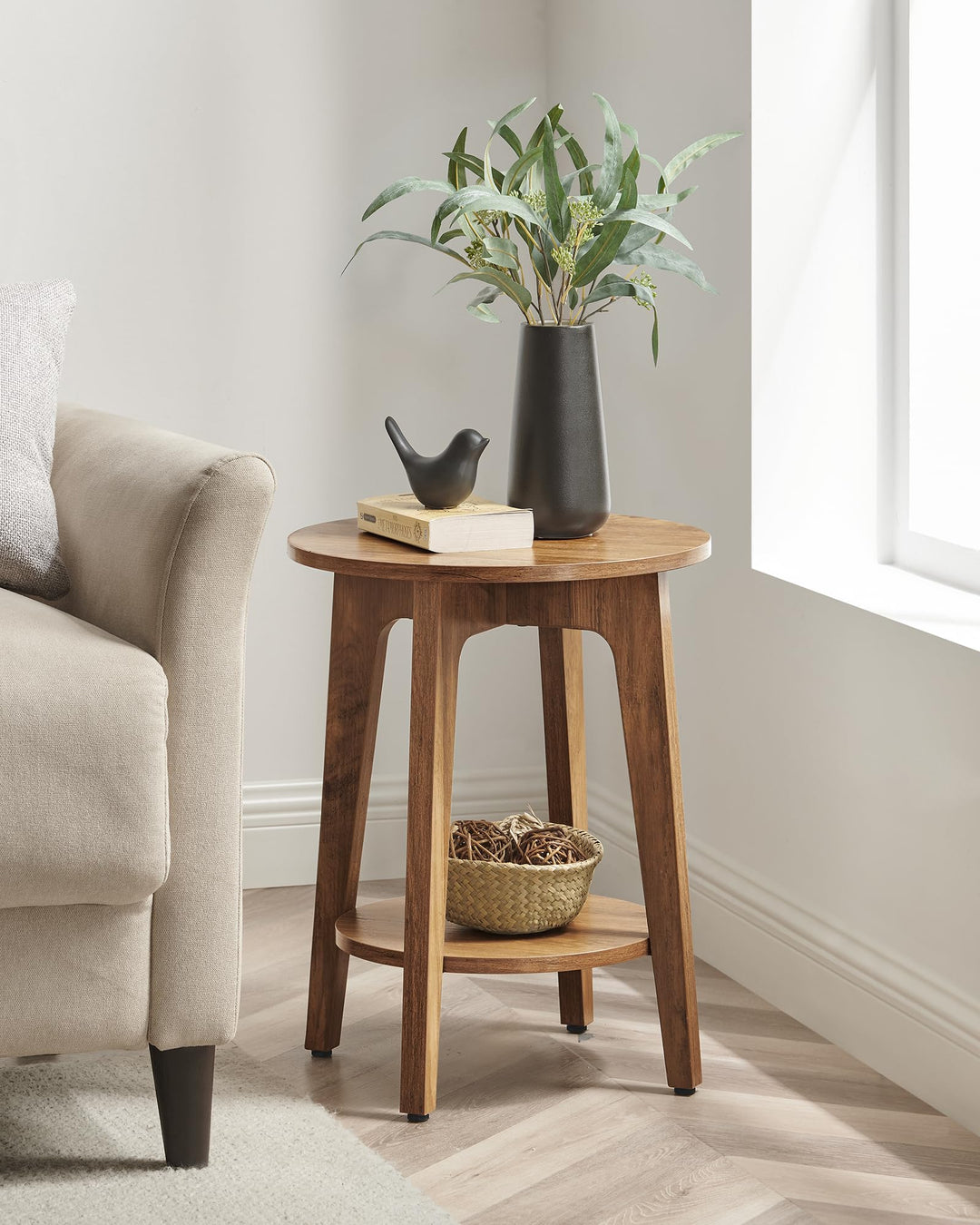 VASAGLE MAEZO Collection - Side Table, 2-Tier Small Round End Table, Nightstand with Tapered Legs, Curved Transitions, for Small Spaces - Honey Brown 