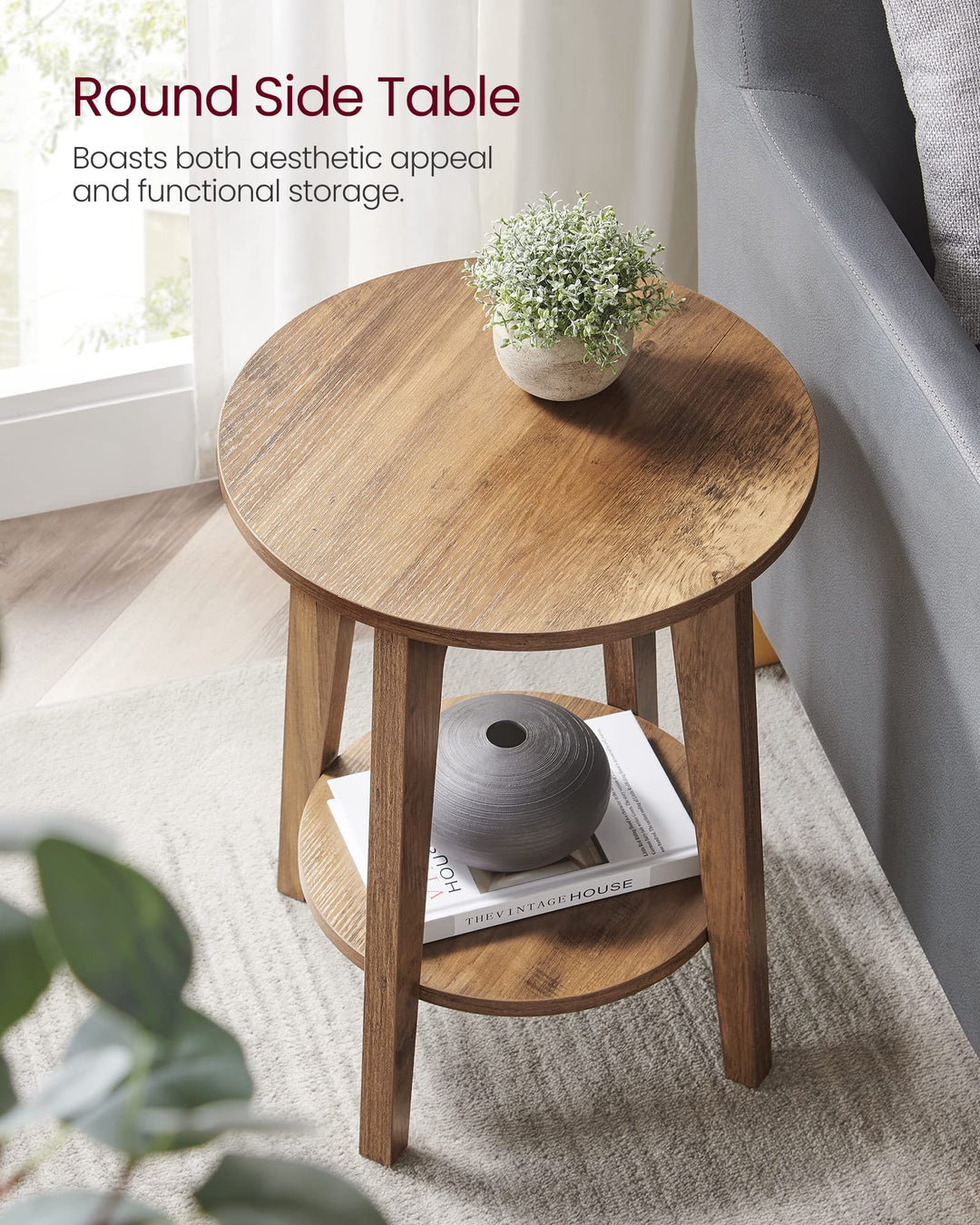 VASAGLE MAEZO Collection - Side Table, 2-Tier Small Round End Table, Nightstand with Tapered Legs, Curved Transitions, for Small Spaces - Honey Brown 