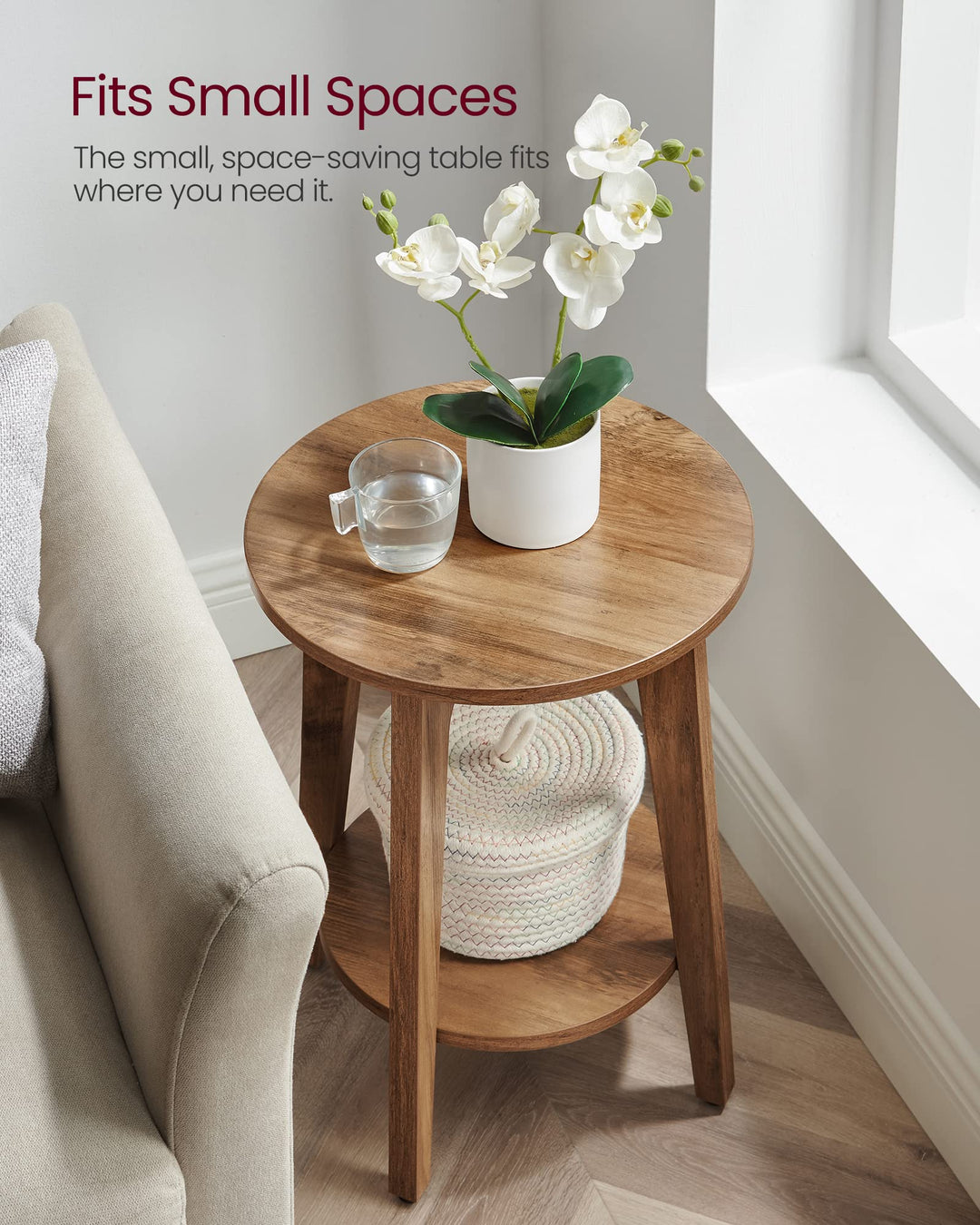 VASAGLE MAEZO Collection - Side Table, 2-Tier Small Round End Table, Nightstand with Tapered Legs, Curved Transitions, for Small Spaces - Honey Brown 