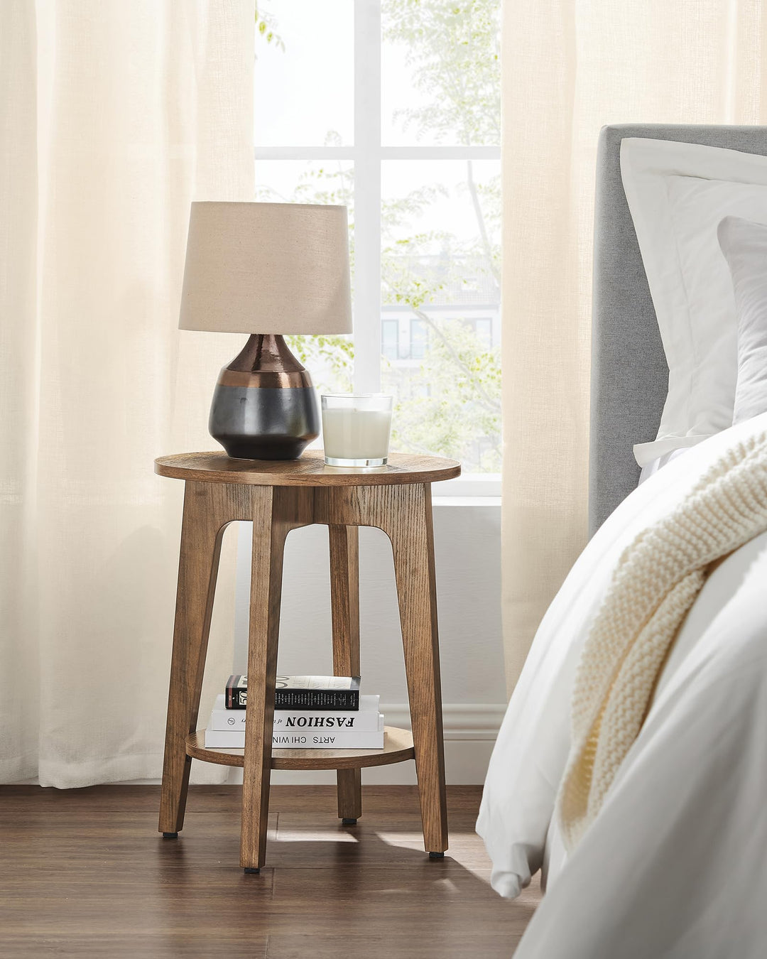 VASAGLE MAEZO Collection - Side Table, 2-Tier Small Round End Table, Nightstand with Tapered Legs, Curved Transitions, for Small Spaces - Honey Brown 