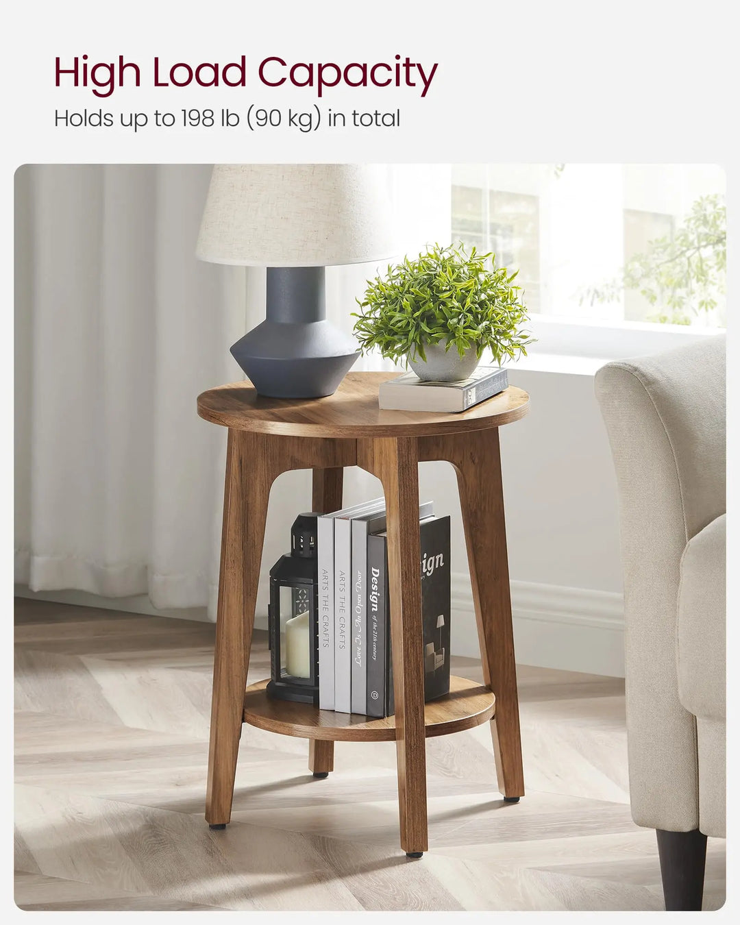VASAGLE MAEZO Collection - Side Table, 2-Tier Small Round End Table, Nightstand with Tapered Legs, Curved Transitions, for Small Spaces, Living Room, Bedroom, Honey Brown ULET283T41