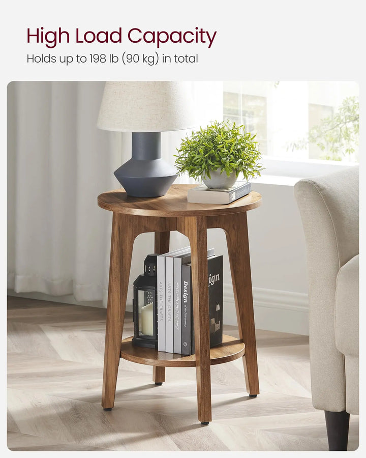 VASAGLE MAEZO Collection - Side Table, 2-Tier Small Round End Table, Nightstand with Tapered Legs, Curved Transitions, for Small Spaces, Living Room, Bedroom, Honey Brown ULET283T41