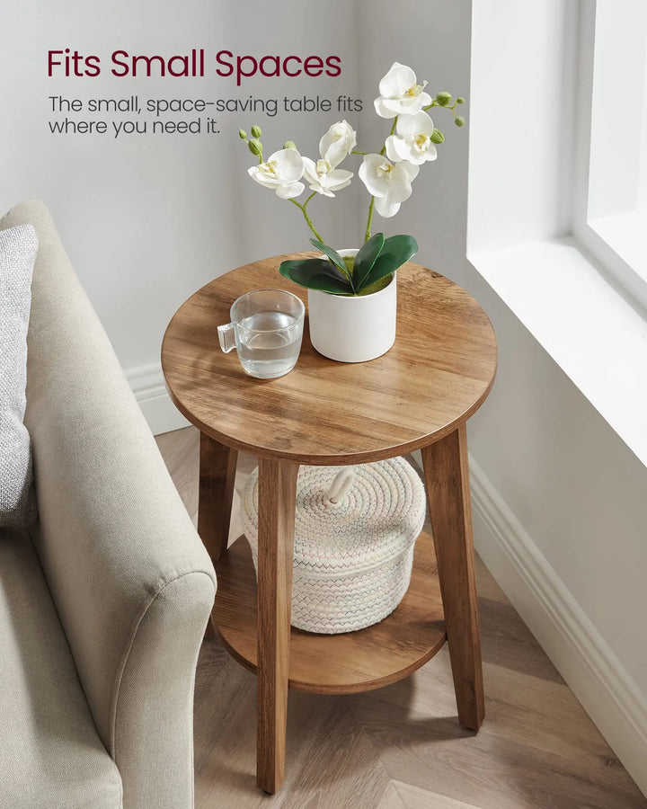 VASAGLE MAEZO Collection - Side Table, 2-Tier Small Round End Table, Nightstand with Tapered Legs, Curved Transitions, for Small Spaces, Living Room, Bedroom, Honey Brown ULET283T41