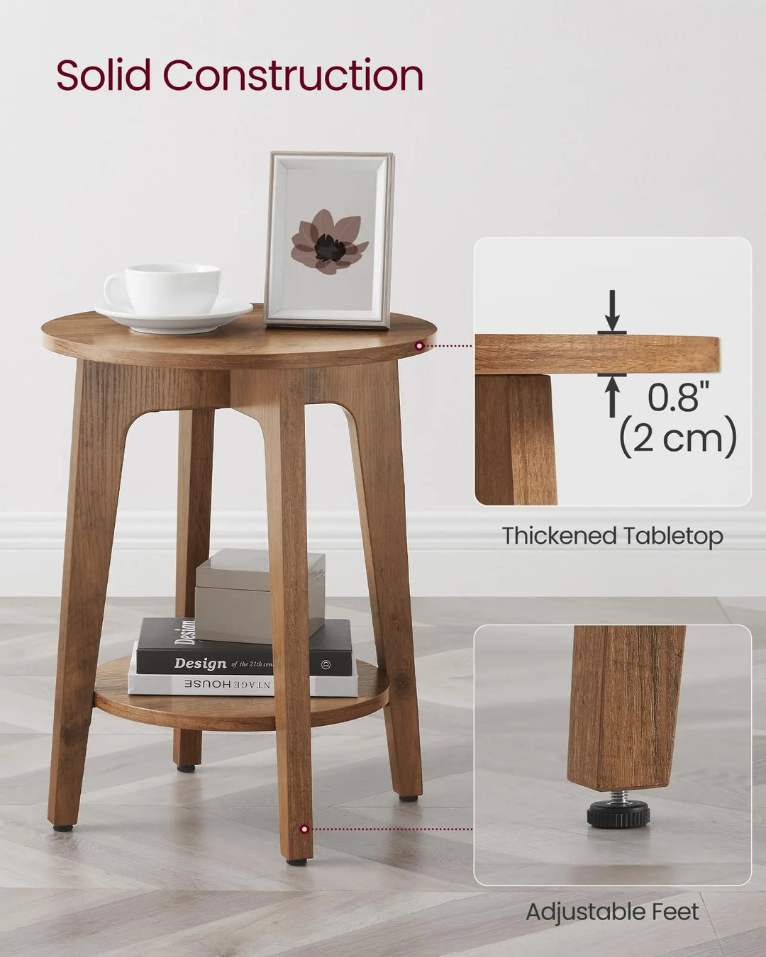 VASAGLE MAEZO Collection - Side Table, 2-Tier Small Round End Table, Nightstand with Tapered Legs, Curved Transitions, for Small Spaces - Honey Brown 