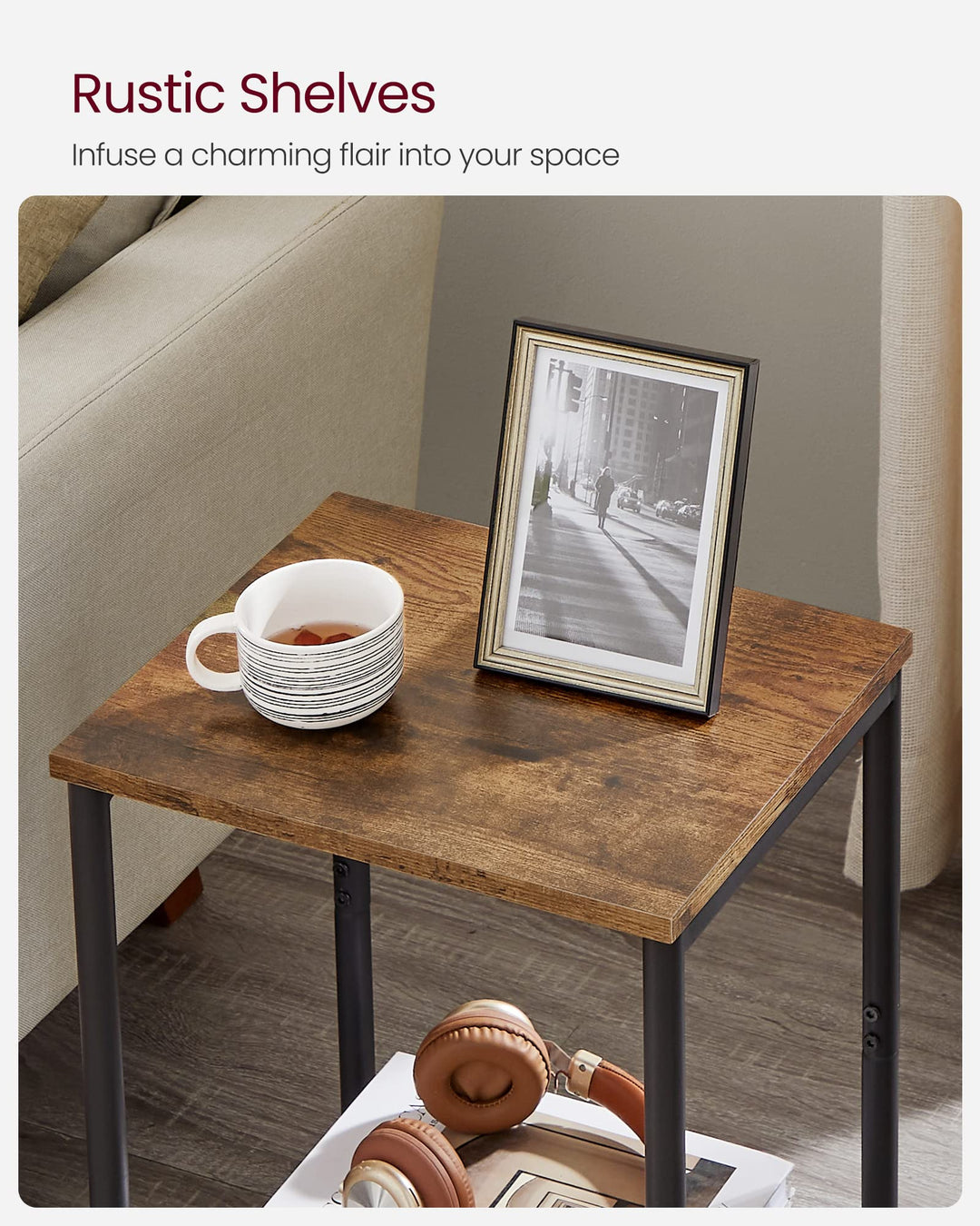 VASAGLE Side Tables Set of 2, Small End Table, Nightstand for Living Room, Bedroom, Office, Bathroom, Rustic Brown and Black ULET272B01 