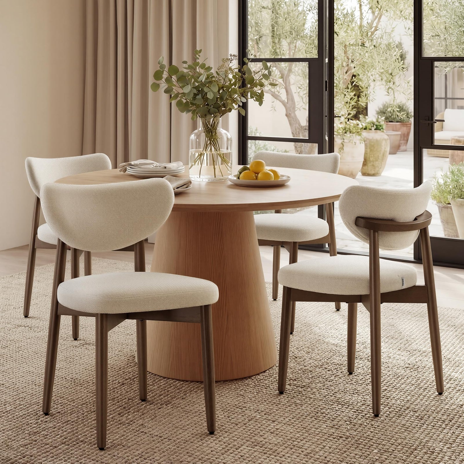 VASAGLE Wooden Dining Chairs Set of 4, Upholstered Kitchen Chairs with Solid Wood Legs, Ergonomic Curved Backrest, Built-in Handle, Mid Century Modern, for Kitchen Dining Vanity, Cappuccino Beige 
