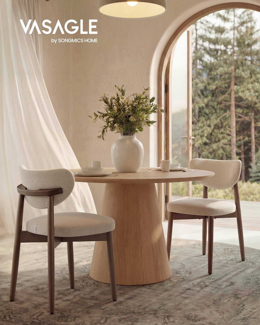 VASAGLE Wooden Dining Chairs Set of 4, Upholstered Kitchen Chairs with Solid Wood Legs, Ergonomic Curved Backrest, Built-in Handle, Mid Century Modern, for Kitchen Dining Vanity, Cappuccino Beige 