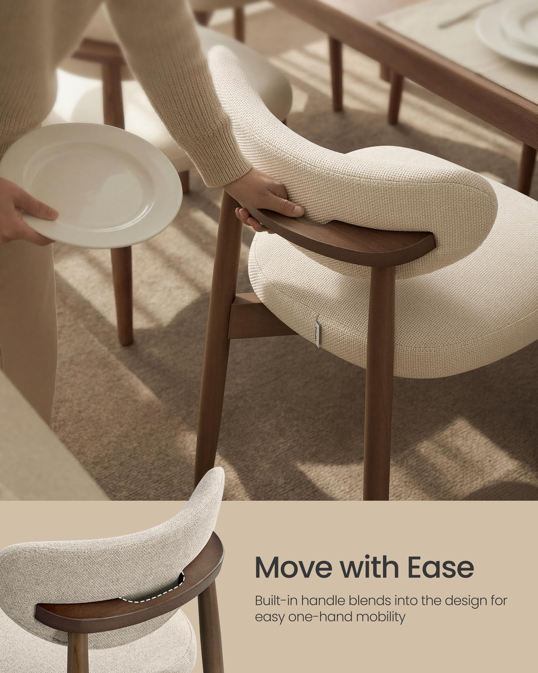 VASAGLE Wooden Dining Chairs Set of 4, Upholstered Kitchen Chairs with Solid Wood Legs, Ergonomic Curved Backrest, Built-in Handle, Mid Century Modern, for Kitchen Dining Vanity, Cappuccino Beige 