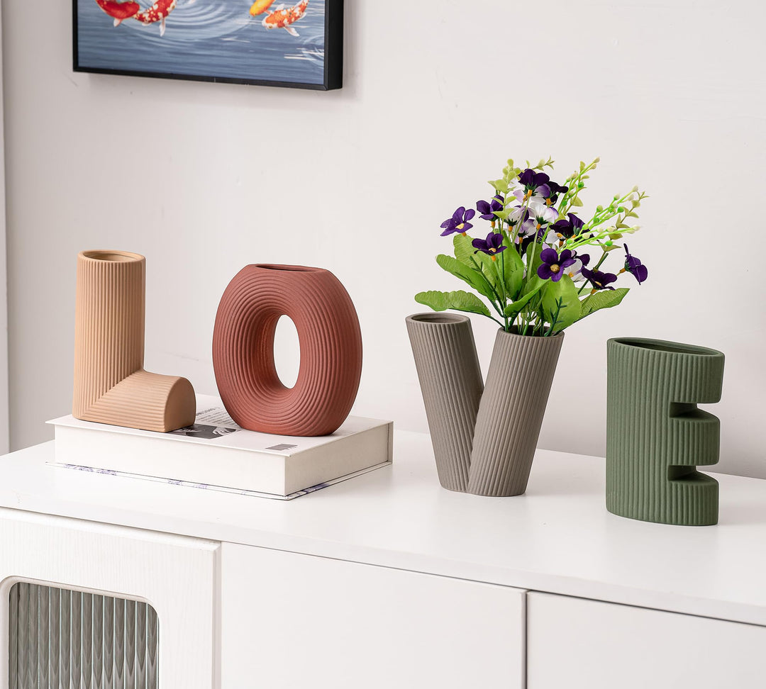 VASETOPIA Creative Vase Set of 4, Modern Nordic Boho Style Flower Vases Home Decor for Living Room Kitchen Office(Green/Brown/Burgundy/Khaki) 