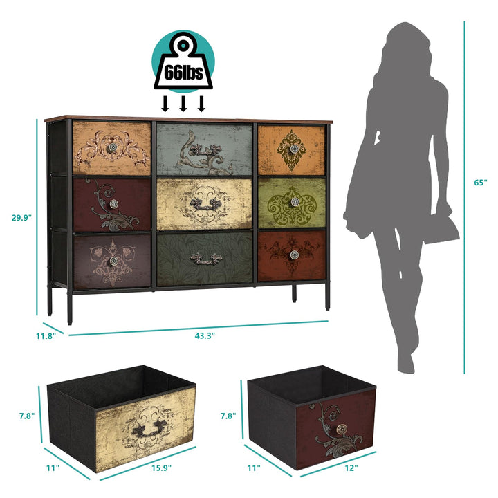 VASICAR Dresser for Bedroom with 9 Deep Fabric Drawers, Wide TV Stand 