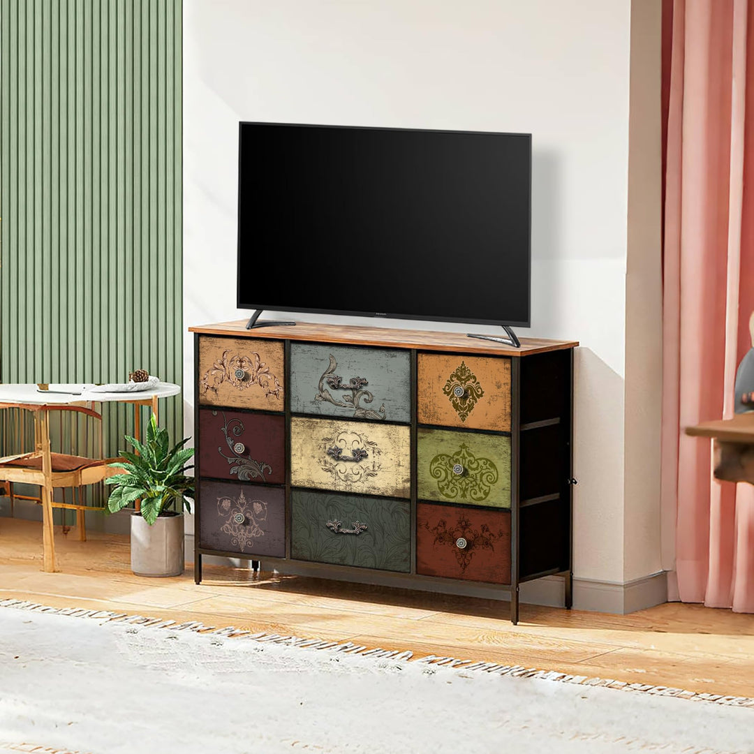VASICAR Dresser for Bedroom with 9 Deep Fabric Drawers, Wide TV Stand 