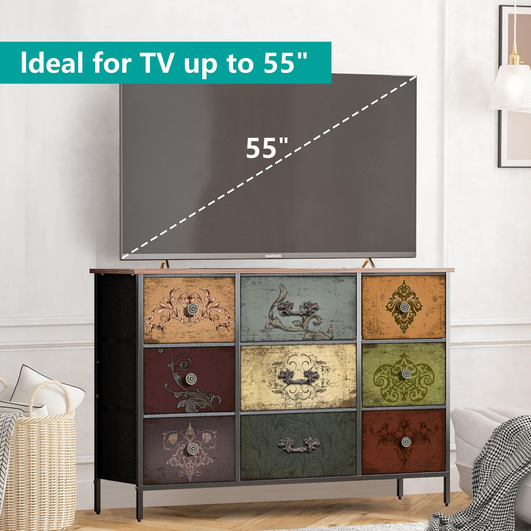 VASICAR Dresser for Bedroom with 9 Deep Fabric Drawers, Wide TV Stand 