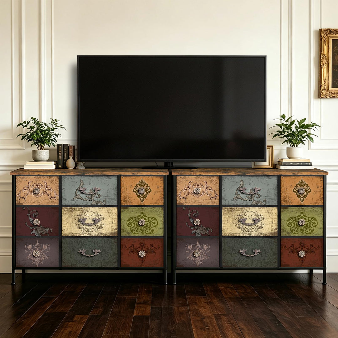 VASICAR Dresser for Bedroom with 9 Deep Fabric Drawers, Wide TV Stand 