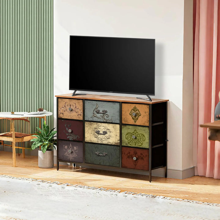 VASICAR Dresser for Bedroom with 9 Deep Fabric Drawers, Wide TV Stand 