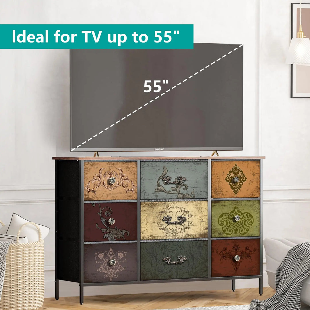 VASICAR Dresser for Bedroom with 9 Deep Fabric Drawers, Wide TV Stand 