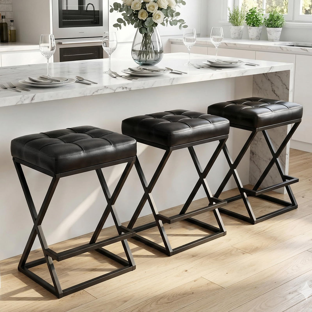 VATROS Bar Stools Set of 3, 26 Inch Counter Height Stool Faux Leather Black 