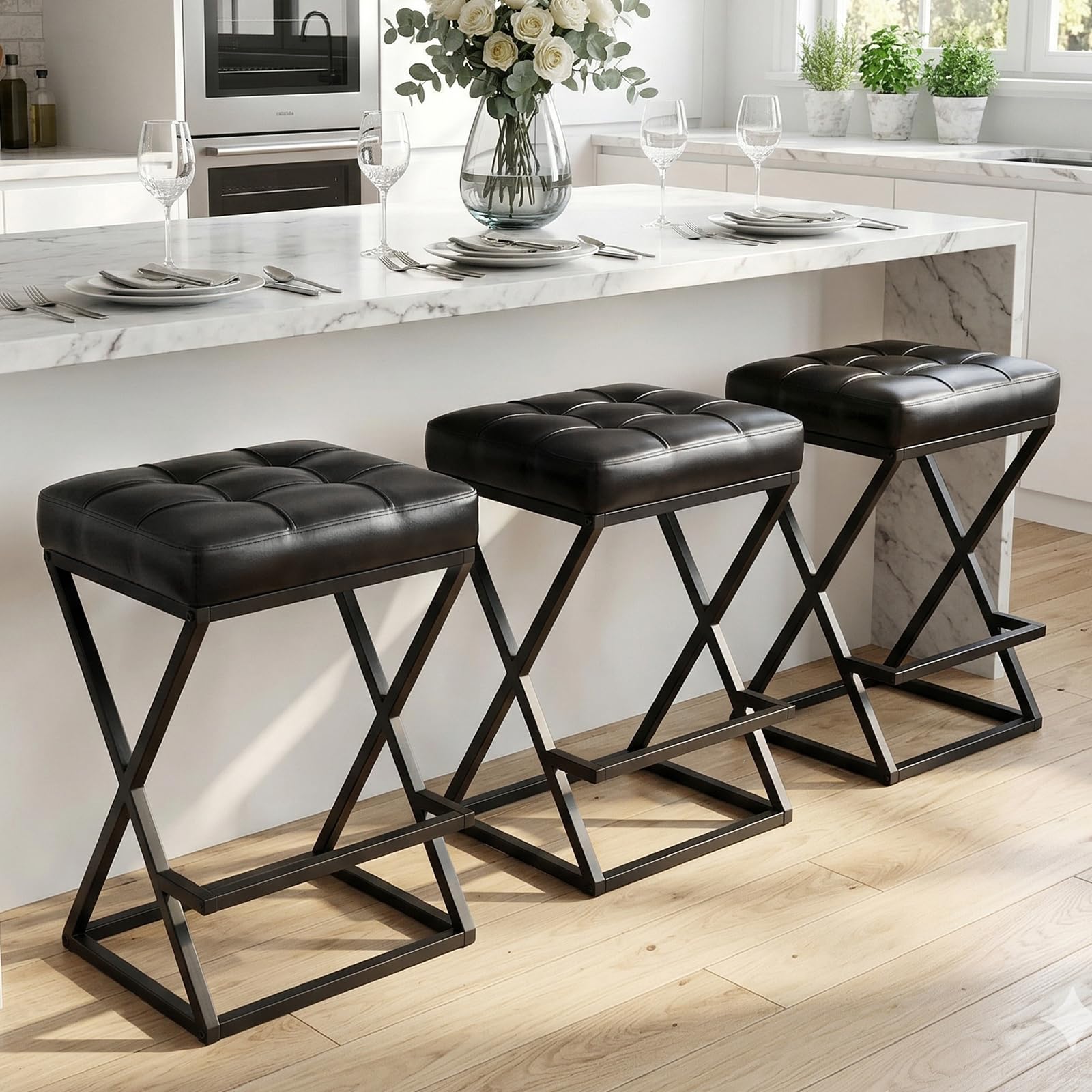 VATROS Bar Stools Set of 3, 26 Inch Counter Height Stool Faux Leather Black 