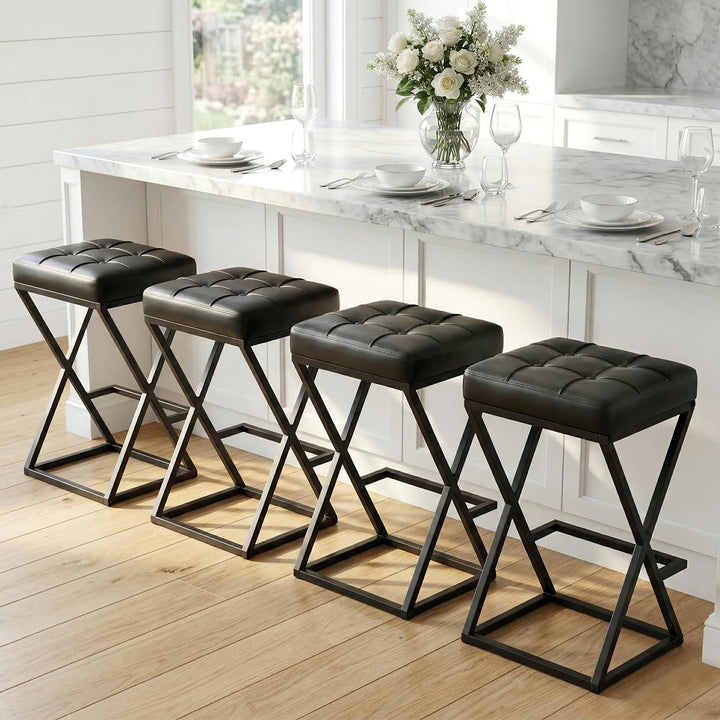 VATROS Bar Stools Set of 3, 26 Inch Counter Height Stool Faux Leather Black 