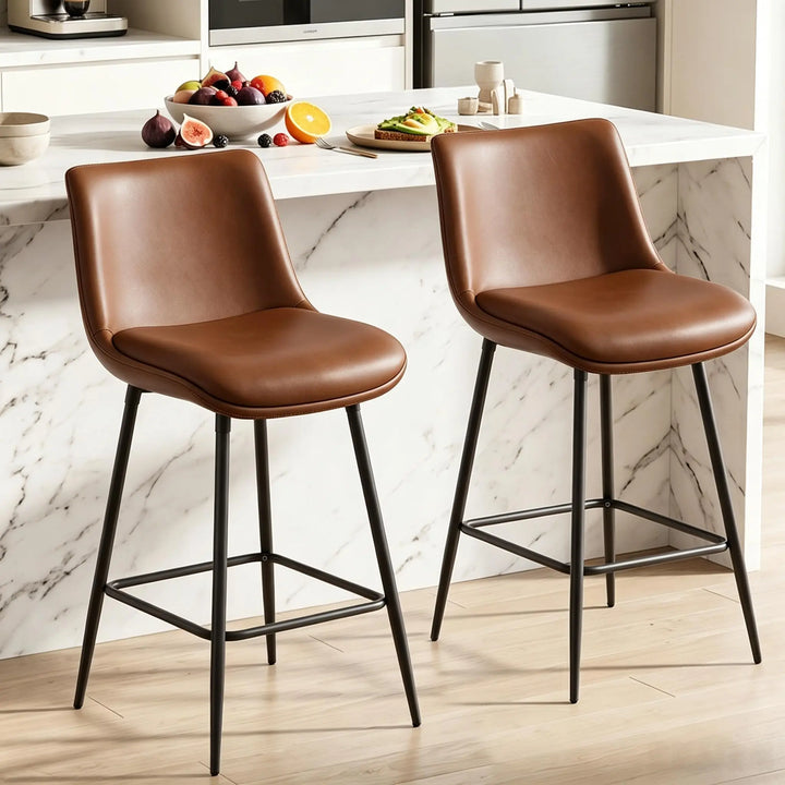 VATROS Counter Height Bar Stools Set of 2, FSC Certified Upholstered Faux Leather Barstools with Back, Metal Base, 27" Seat Height, Modern Upholstered Counter Stools for Kitchen Island,(Walnut Brown