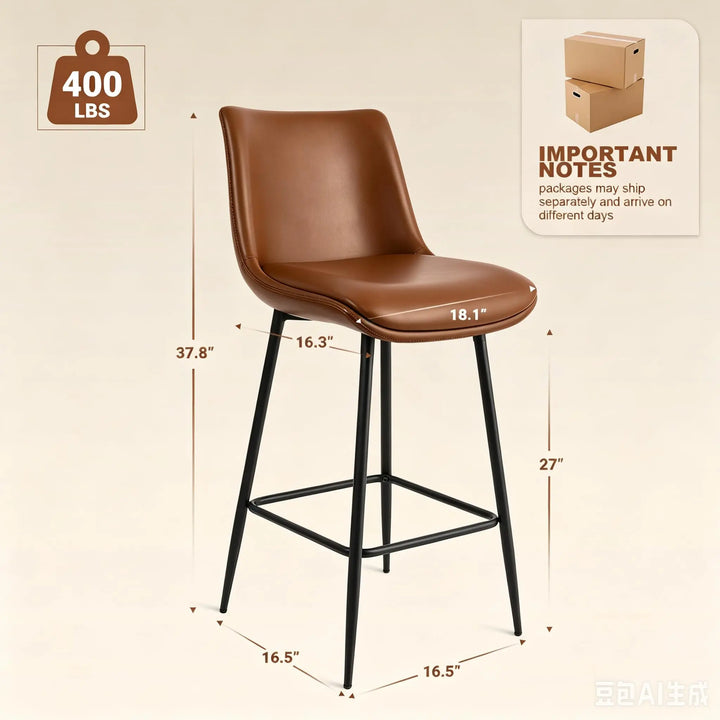 VATROS Counter Height Bar Stools Set of 2, FSC Certified Upholstered Faux Leather Barstools with Back, Metal Base, 27" Seat Height, Modern Upholstered Counter Stools for Kitchen Island,(Walnut Brown