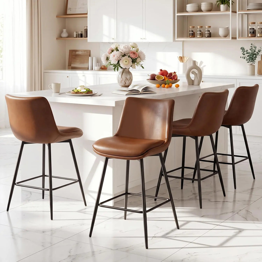 VATROS Counter Height Bar Stools Set of 2, FSC Certified Upholstered Faux Leather Barstools with Back, Metal Base, 27" Seat Height, Modern Upholstered Counter Stools for Kitchen Island,(Walnut Brown